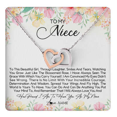 Interlocking Hearts Necklace Stainless Steel & Rose Gold Finish | 1 | Personalized To My Niece Necklace From Aunt Uncle To This Beautiful Niece Pendant Jewelry Birthday Graduation Christmas Customized Gift Box Message Card | siriusteestore