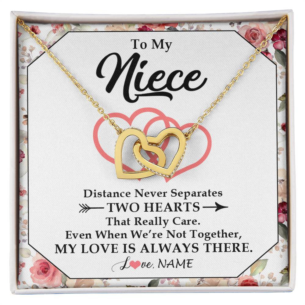 Interlocking Hearts Necklace 18K Yellow Gold Finish | 1 | Personalized To My Niece Necklace From Aunt Uncle Two Hearts Together Niece Jewelry Birthday Graduation Christmas Customized Gift Box Message Card | siriusteestore