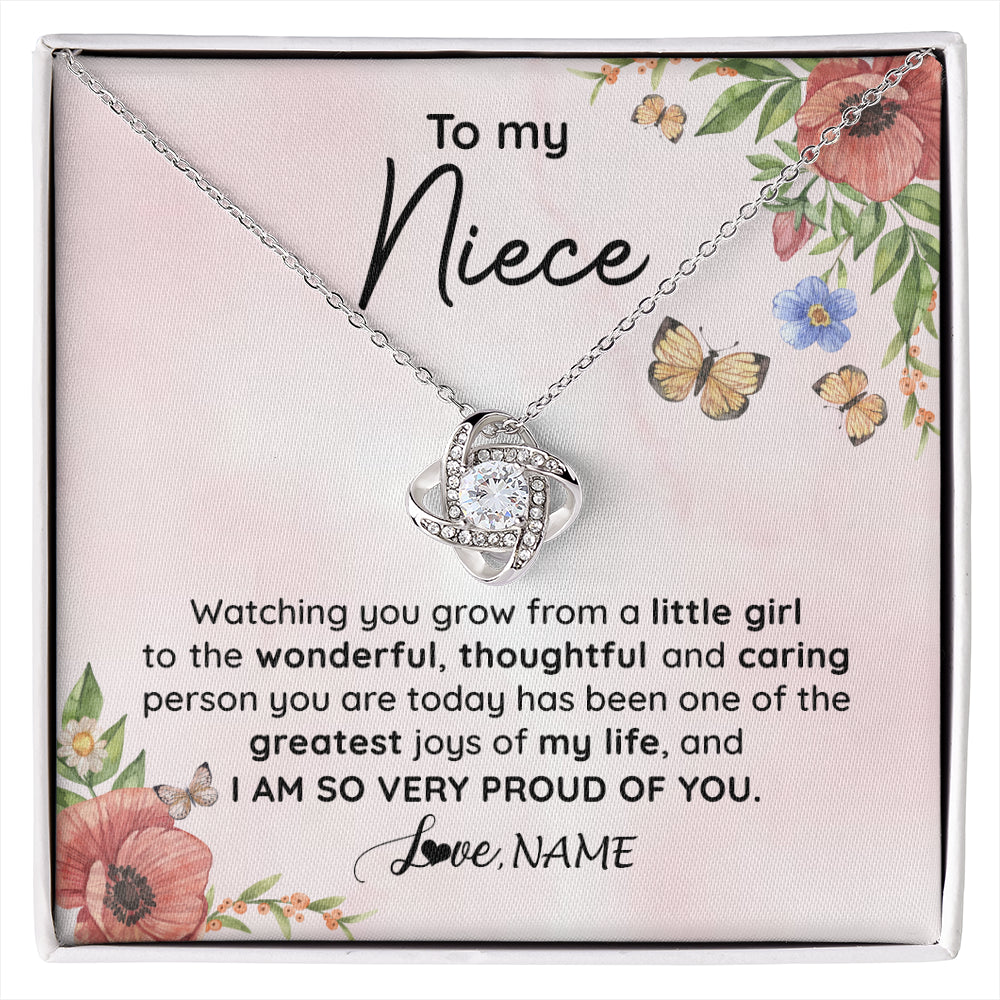 Love Knot Necklace 14K White Gold Finish | 1 | Personalized To My Niece Necklace From Aunt Uncle Watching You Grow Niece Birthday Gifts Jewelry Graduation Christmas Customized Gift Box Message Card | siriusteestore