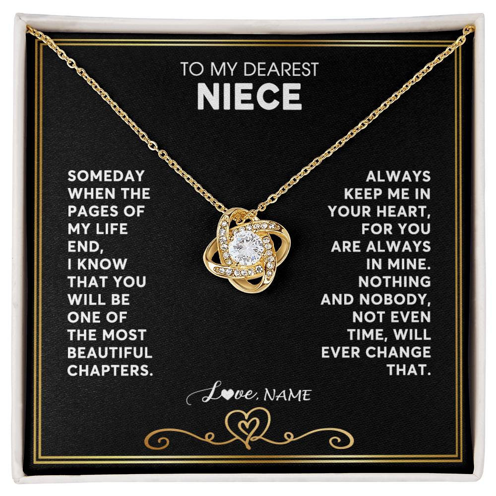 Love Knot Necklace 18K Yellow Gold Finish | 1 | Personalized To My Niece Necklace From Aunt Uncle When The Pages Of My Life End Niece Birthday Graduation Christmas Pendant Customized Gift Message Card | siriusteestore