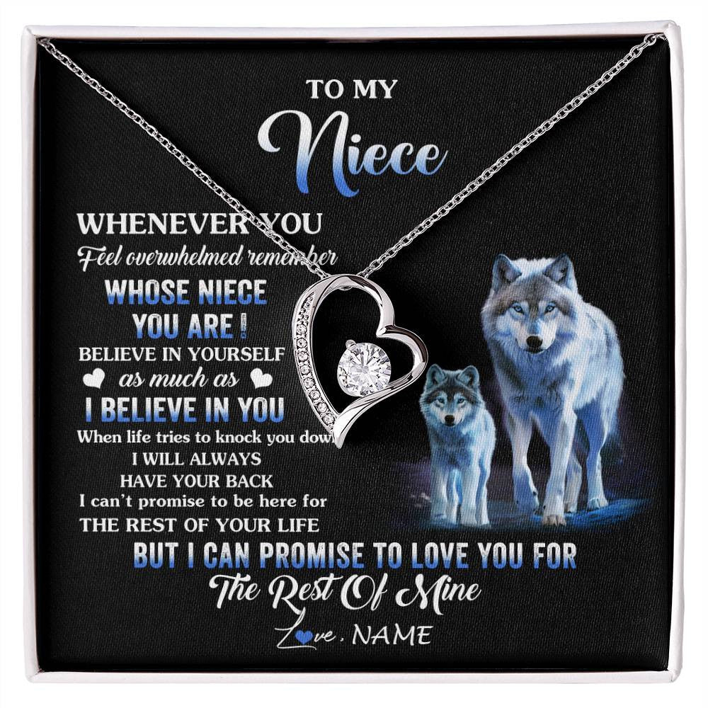 Forever Love Necklace 14K White Gold Finish | 1 | Personalized To My Niece Necklace From Aunt Uncle Whenever You Feel Wolf Niece Birthday Gifts Jewelry Graduation Christmas Customized Gift Box Message Card | siriusteestore