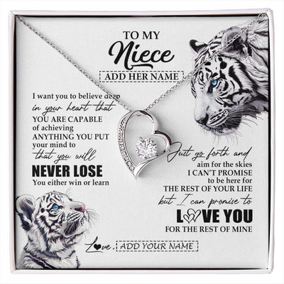 Forever Love Necklace 14K White Gold Finish | 1 | Personalized To My Niece Necklace From Aunt Uncle You Will Never Lose White Tiger Niece Birthday Gifts Graduation Christmas Custom Gift Box Message Card | siriusteestore