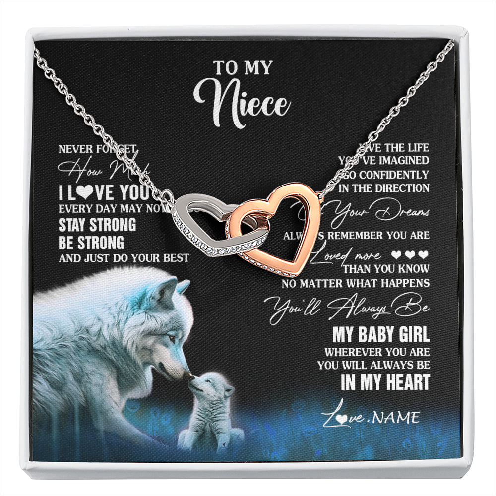 Interlocking Hearts Necklace Stainless Steel & Rose Gold Finish | 1 | Personalized To My Niece Necklace From Aunt Wolf Never Forget How Much I Love You Niece Birthday Gifts Jewelry Christmas Customized Gift Box Message Card | siriusteestore