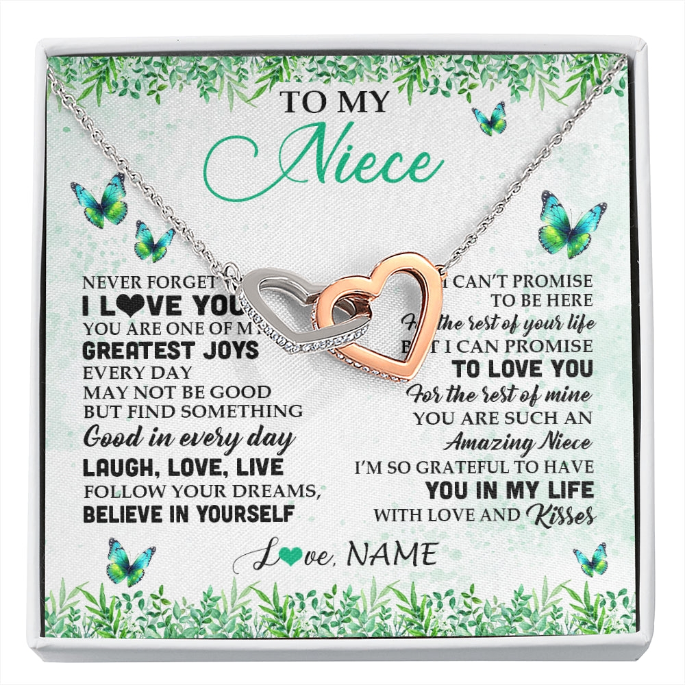 Interlocking Hearts Necklace Stainless Steel & Rose Gold Finish | 1 | Personalized To My Niece Necklace From Uncle Aunt Auntie Butterfly Laugh Love Live Birthday Motivational Quote Christmas Customized Gift Box Message Card | siriusteestore