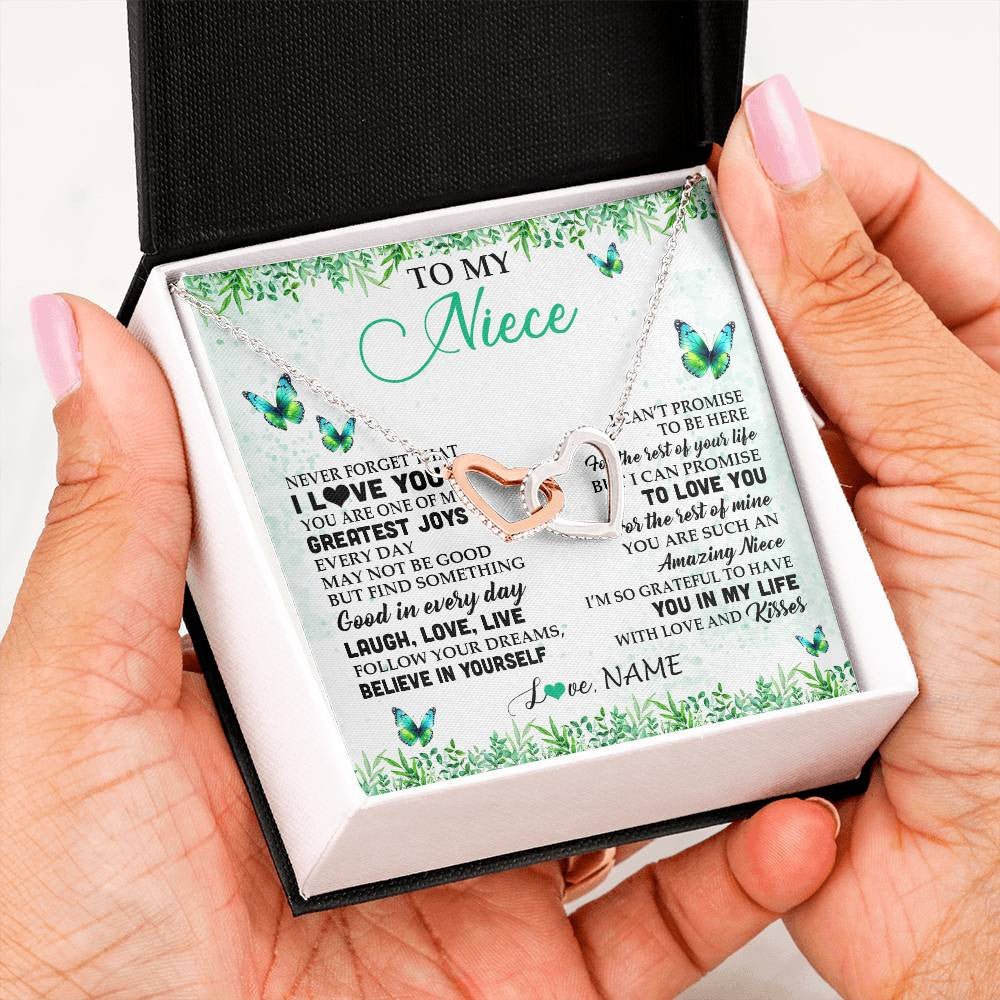 Interlocking Hearts Necklace Stainless Steel & Rose Gold Finish | 2 | Personalized To My Niece Necklace From Uncle Aunt Auntie Butterfly Laugh Love Live Birthday Motivational Quote Christmas Customized Gift Box Message Card | siriusteestore