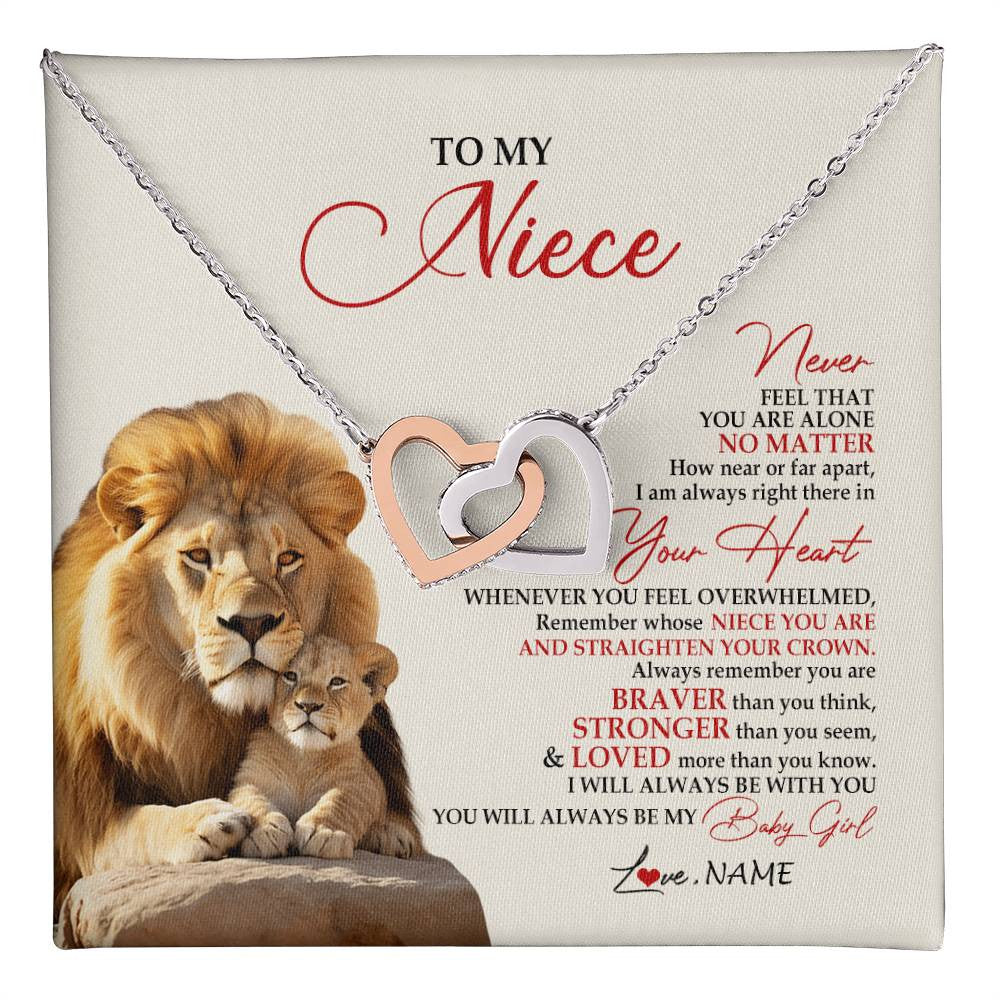 Interlocking Hearts Necklace Stainless Steel & Rose Gold Finish | 1 | Personalized To My Niece Necklace From Uncle Aunt Never Feel You Are Alone Lion Niece Birthday Graduation Christmas Customized Message Card | siriusteestore