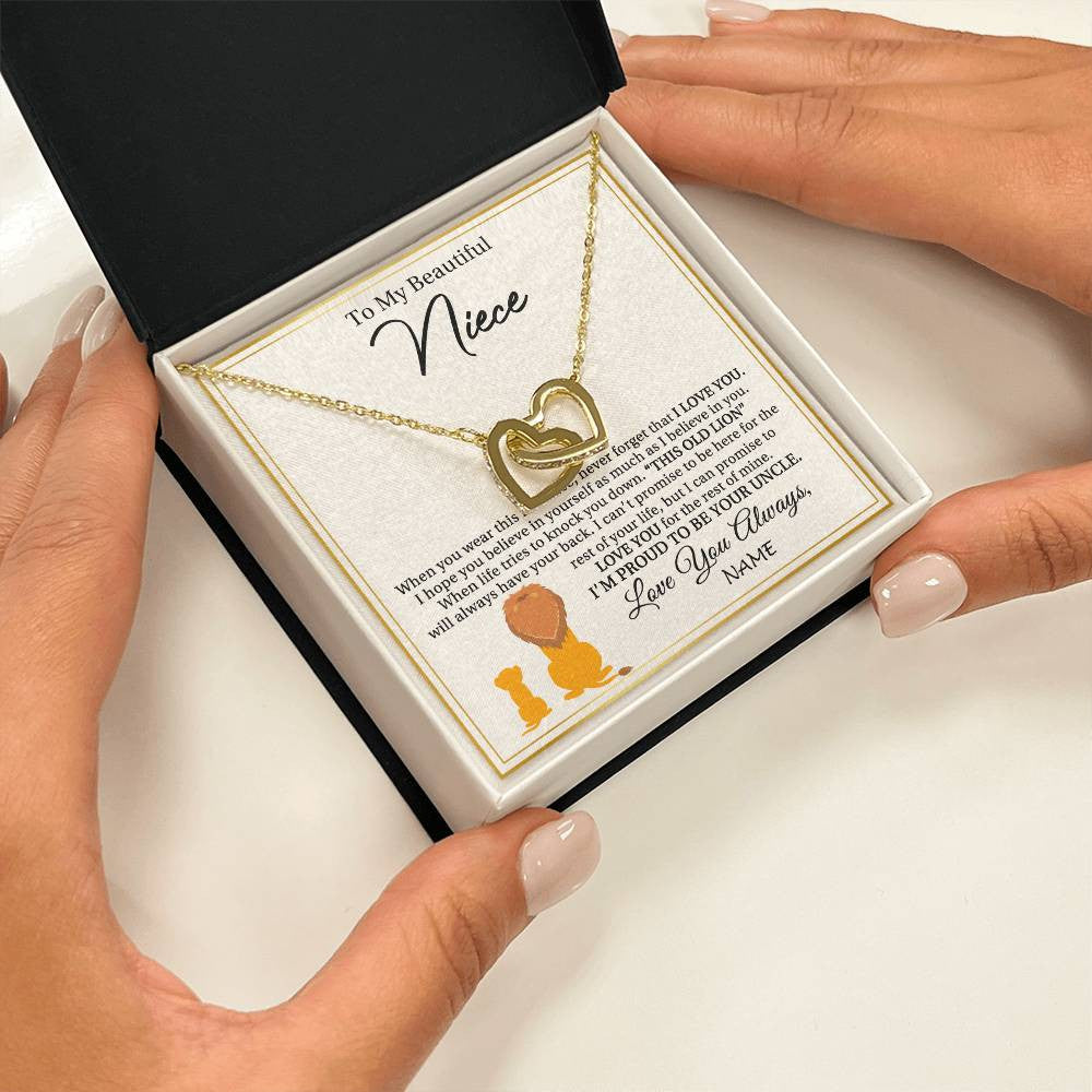 Interlocking Hearts Necklace 18K Yellow Gold Finish | 2 | Personalized To My Niece Necklace From Uncle I'M Proud To Be Your Uncle Lion Niece Birthday Graduation Christmas Customized Gift Box Message Card | siriusteestore