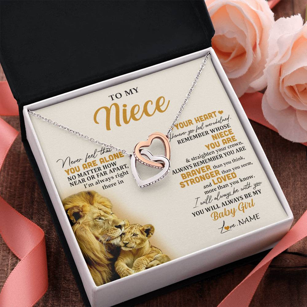 Interlocking Hearts Necklace Stainless Steel & Rose Gold Finish | 2 | Personalized To My Niece Necklace From Uncle Lion Never Feel That You Are Alone Great Niece Pendant Birthday Christmas Customized Gift Box Message Card | siriusteestore