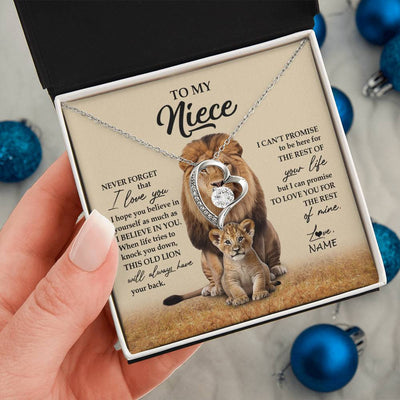 Forever Love Necklace 14K White Gold Finish | 2 | Personalized To My Niece Necklace From Uncle Lion Never Forget That I Love You Niece Jewelry Birthday Graduation Christmas Customized Message Card | siriusteestore