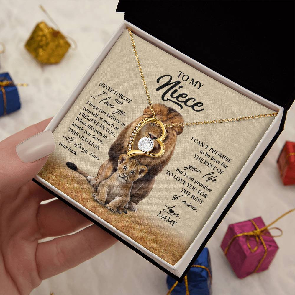 Forever Love Necklace 18K Yellow Gold Finish | 2 | Personalized To My Niece Necklace From Uncle Lion Never Forget That I Love You Niece Jewelry Birthday Graduation Christmas Customized Message Card | siriusteestore
