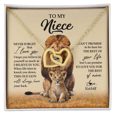 Interlocking Hearts Necklace 18K Yellow Gold Finish | 1 | Personalized To My Niece Necklace From Uncle Lion Never Forget That I Love You Niece Jewelry Birthday Graduation Christmas Customized Message Card | siriusteestore