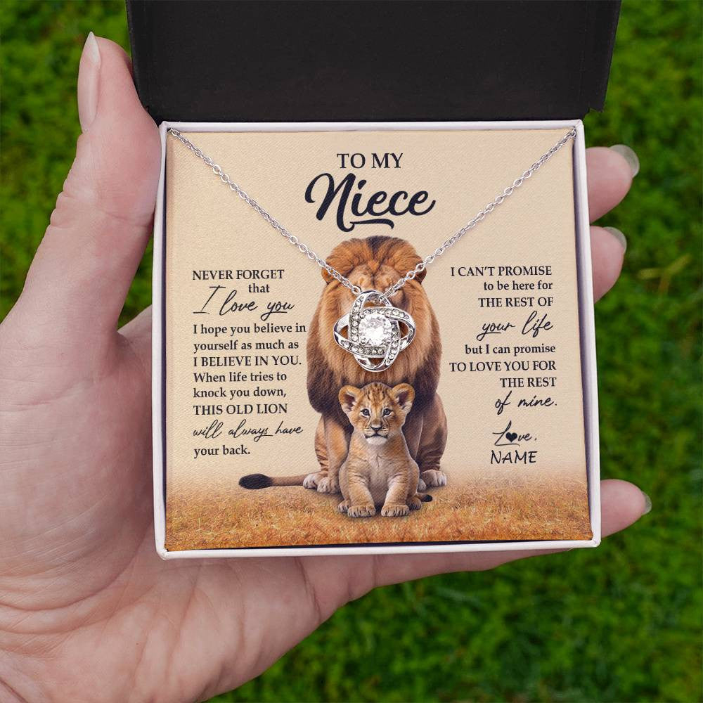 Love Knot Necklace 14K White Gold Finish | 2 | Personalized To My Niece Necklace From Uncle Lion Never Forget That I Love You Niece Jewelry Birthday Graduation Christmas Customized Message Card | siriusteestore