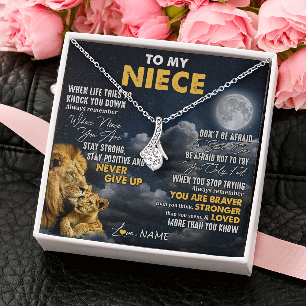 Alluring Beauty Necklace 14K White Gold Finish | 2 | Personalized To My Niece Necklace From Uncle Lion Never Give Up Niece Birthday Graduation Christmas Jewelry Customized Gift Box Message Card | siriusteestore