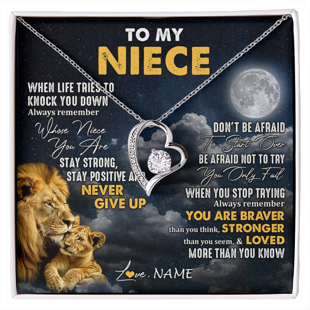 Forever Love Necklace 14K White Gold Finish | 1 | Personalized To My Niece Necklace From Uncle Lion Never Give Up Niece Birthday Graduation Christmas Jewelry Customized Gift Box Message Card | siriusteestore