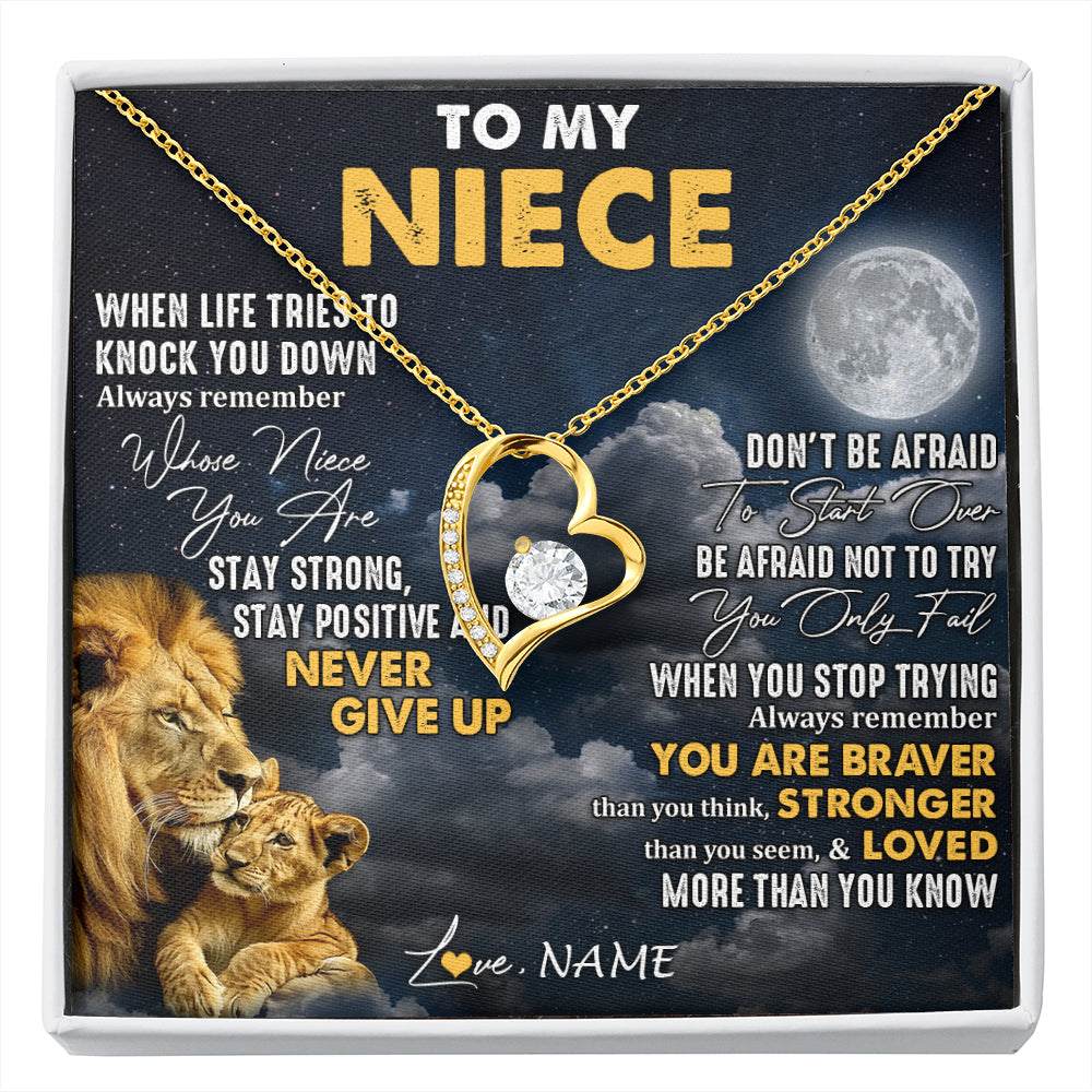 Forever Love Necklace 18K Yellow Gold Finish | 1 | Personalized To My Niece Necklace From Uncle Lion Never Give Up Niece Birthday Graduation Christmas Jewelry Customized Gift Box Message Card | siriusteestore