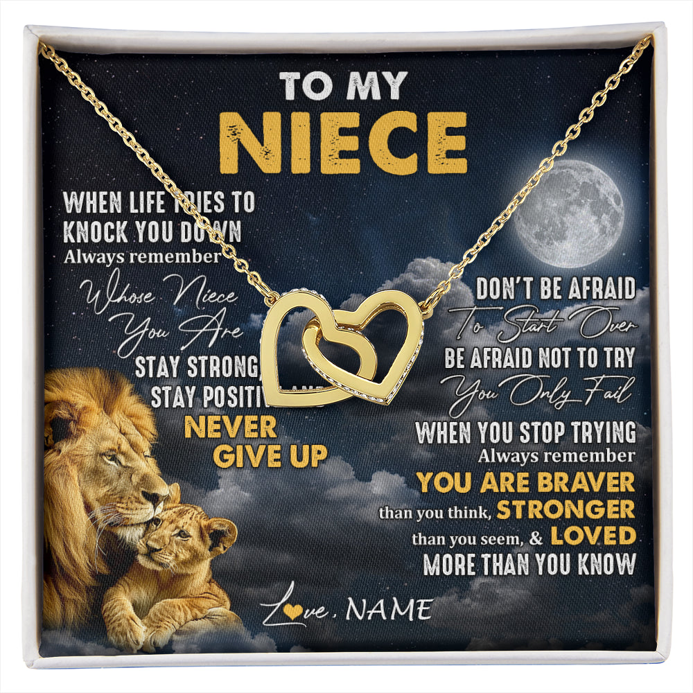 Interlocking Hearts Necklace 18K Yellow Gold Finish | 1 | Personalized To My Niece Necklace From Uncle Lion Never Give Up Niece Birthday Graduation Christmas Jewelry Customized Gift Box Message Card | siriusteestore