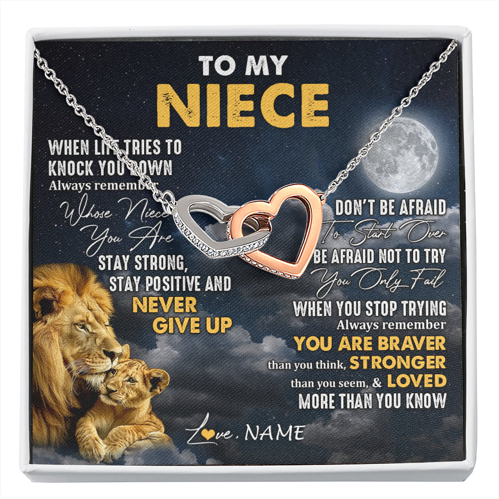 Interlocking Hearts Necklace Stainless Steel & Rose Gold Finish | 1 | Personalized To My Niece Necklace From Uncle Lion Never Give Up Niece Birthday Graduation Christmas Jewelry Customized Gift Box Message Card | siriusteestore