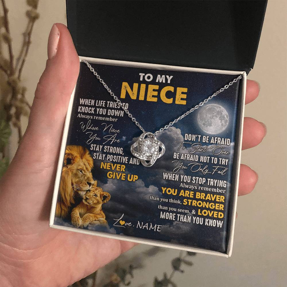 Love Knot Necklace 14K White Gold Finish | 2 | Personalized To My Niece Necklace From Uncle Lion Never Give Up Niece Birthday Graduation Christmas Jewelry Customized Gift Box Message Card | siriusteestore