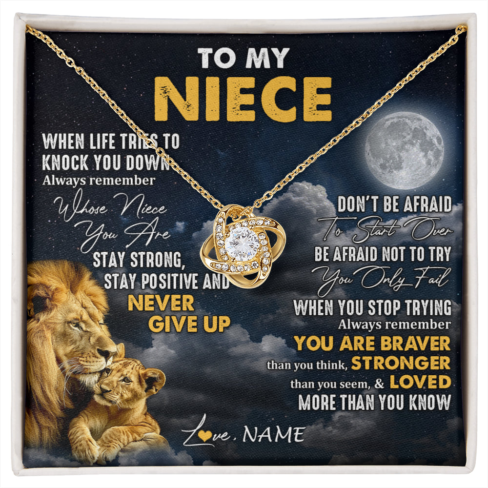 Love Knot Necklace 18K Yellow Gold Finish | 1 | Personalized To My Niece Necklace From Uncle Lion Never Give Up Niece Birthday Graduation Christmas Jewelry Customized Gift Box Message Card | siriusteestore