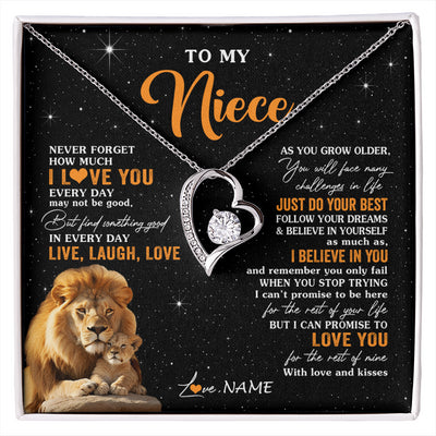 Forever Love Necklace 14K White Gold Finish | 1 | Personalized To My Niece Necklace From Uncle Live Laugh Love Lion Niece Birthday Gifts Positive Graduation Christmas Customized Gift Box Message Card | siriusteestore