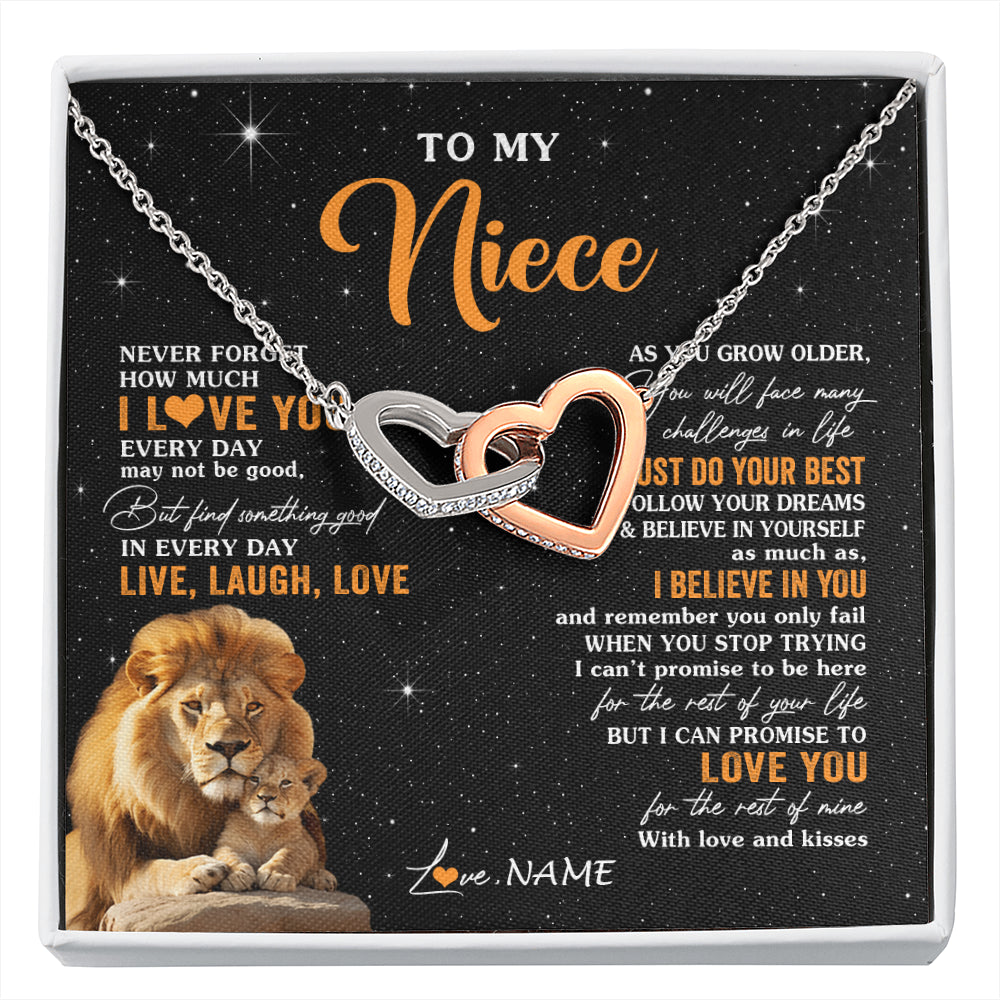 Interlocking Hearts Necklace Stainless Steel & Rose Gold Finish | 1 | Personalized To My Niece Necklace From Uncle Live Laugh Love Lion Niece Birthday Gifts Positive Graduation Christmas Customized Gift Box Message Card | siriusteestore