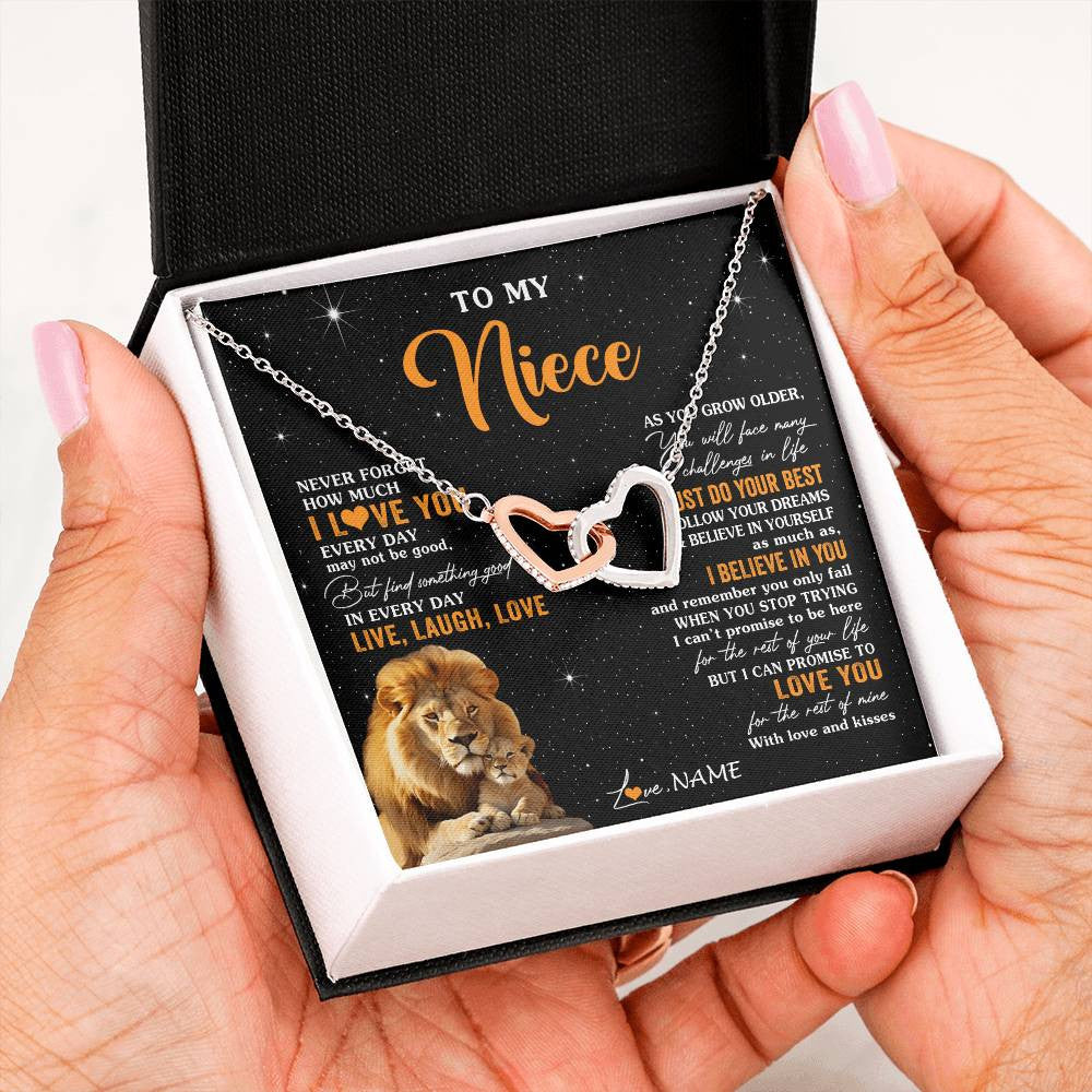 Interlocking Hearts Necklace Stainless Steel & Rose Gold Finish | 2 | Personalized To My Niece Necklace From Uncle Live Laugh Love Lion Niece Birthday Gifts Positive Graduation Christmas Customized Gift Box Message Card | siriusteestore