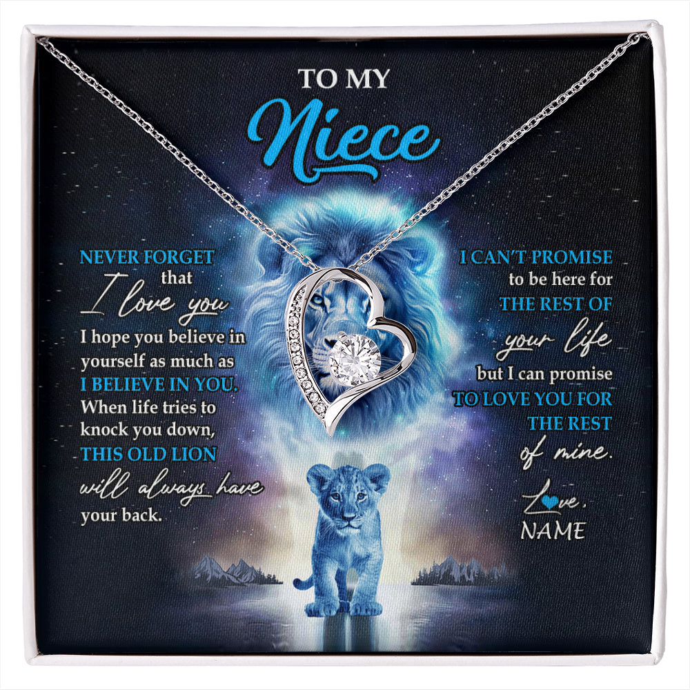 Forever Love Necklace 14K White Gold Finish | 1 | Personalized To My Niece Necklace From Uncle Never Forget I Love You Lion Niece Jewelry Birthday Graduation Christmas Customized Message Card | siriusteestore