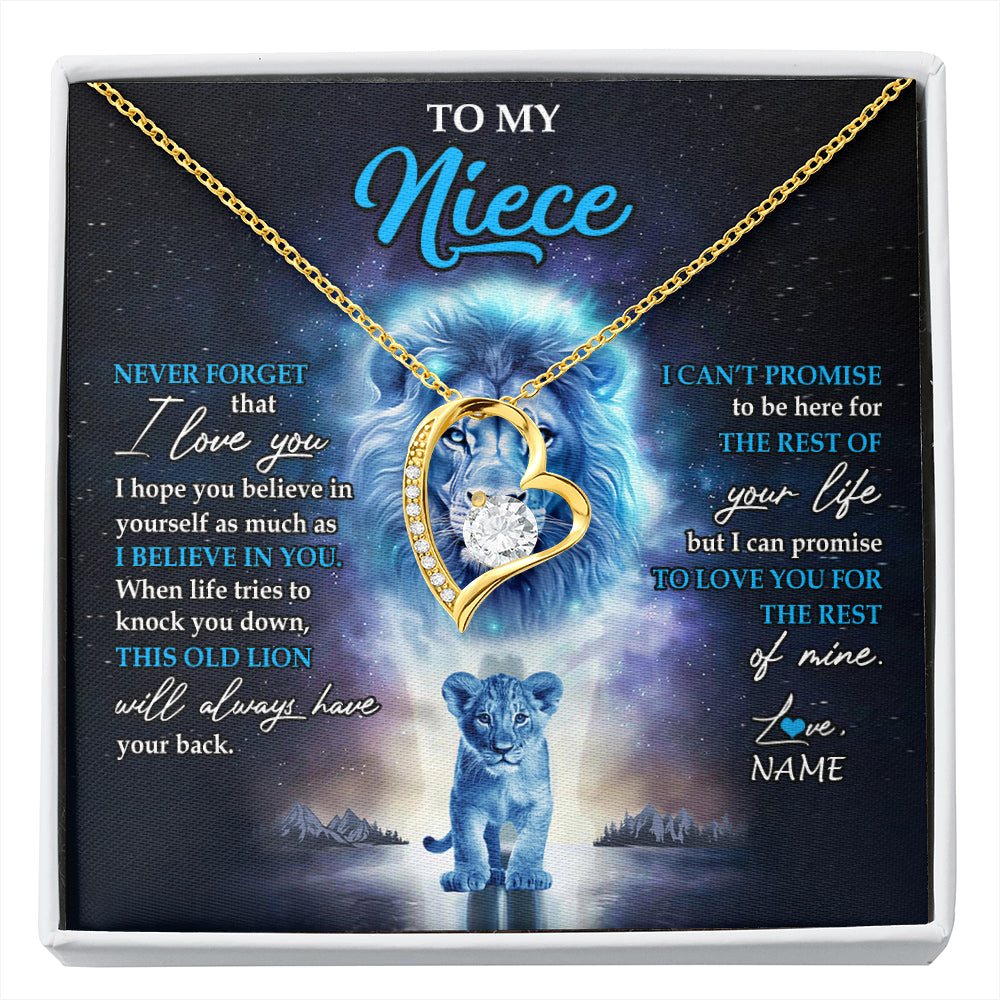 Forever Love Necklace 18K Yellow Gold Finish | 1 | Personalized To My Niece Necklace From Uncle Never Forget I Love You Lion Niece Jewelry Birthday Graduation Christmas Customized Message Card | siriusteestore