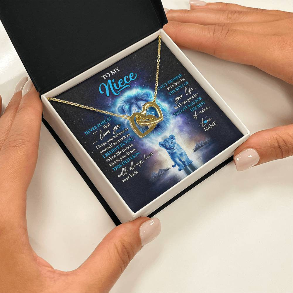 Interlocking Hearts Necklace 18K Yellow Gold Finish | 2 | Personalized To My Niece Necklace From Uncle Never Forget I Love You Lion Niece Jewelry Birthday Graduation Christmas Customized Message Card | siriusteestore