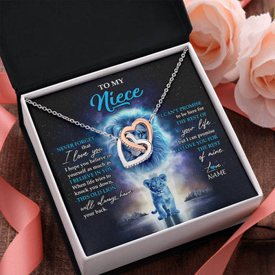 Interlocking Hearts Necklace Stainless Steel & Rose Gold Finish | 2 | Personalized To My Niece Necklace From Uncle Never Forget I Love You Lion Niece Jewelry Birthday Graduation Christmas Customized Message Card | siriusteestore