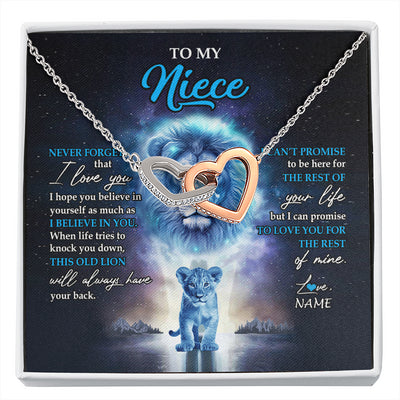 Interlocking Hearts Necklace Stainless Steel & Rose Gold Finish | 1 | Personalized To My Niece Necklace From Uncle Never Forget I Love You Lion Niece Jewelry Birthday Graduation Christmas Customized Message Card | siriusteestore
