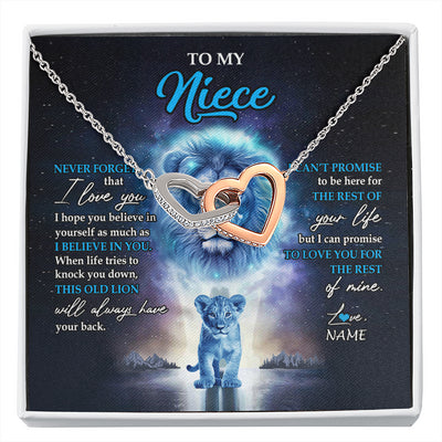 Interlocking Hearts Necklace Stainless Steel & Rose Gold Finish | 1 | Personalized To My Niece Necklace From Uncle Never Forget I Love You Lion Niece Jewelry Birthday Graduation Christmas Customized Message Card | siriusteestore