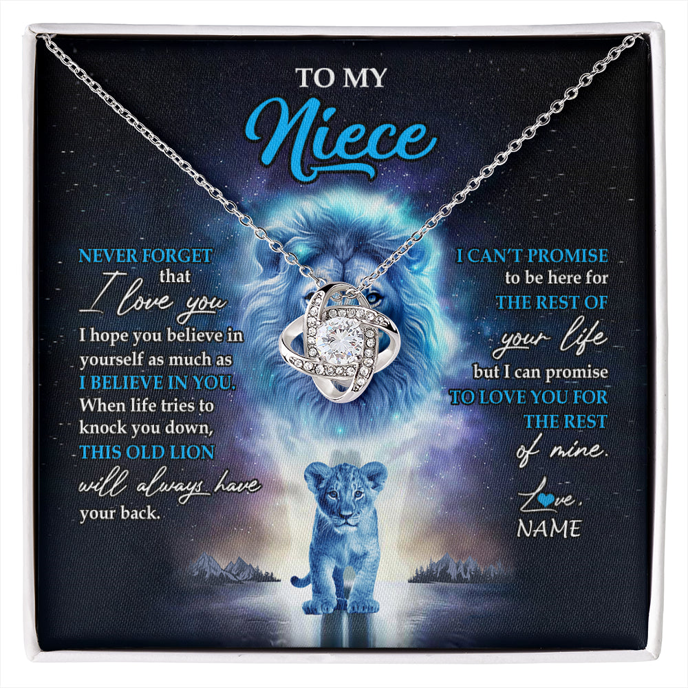 Love Knot Necklace 14K White Gold Finish | 1 | Personalized To My Niece Necklace From Uncle Never Forget I Love You Lion Niece Jewelry Birthday Graduation Christmas Customized Message Card | siriusteestore