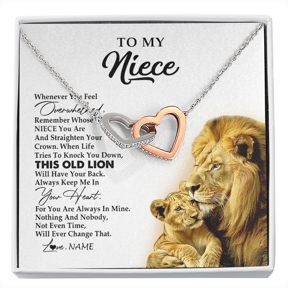 Interlocking Hearts Necklace Stainless Steel & Rose Gold Finish | 1 | Personalized To My Niece Necklace From Uncle Whenever You Fell Overwhelmed Lion Niece Pendant Birthday Graduation Christmas Customized Gift Box Message Card | siriusteestore