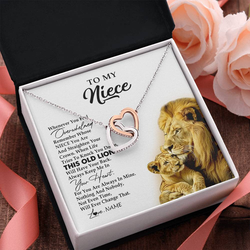 Interlocking Hearts Necklace Stainless Steel & Rose Gold Finish | 2 | Personalized To My Niece Necklace From Uncle Whenever You Fell Overwhelmed Lion Niece Pendant Birthday Graduation Christmas Customized Gift Box Message Card | siriusteestore