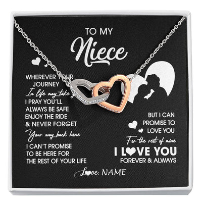 Interlocking Hearts Necklace Stainless Steel & Rose Gold Finish | 1 | Personalized To My Niece Necklace From Uncle Wherever Your Journey Niece Birthday Gifts Jewelry Graduation Christmas Customized Gift Box Message Card | siriusteestore