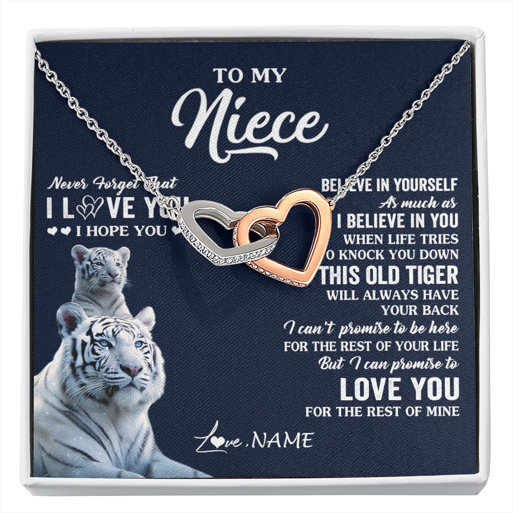 Interlocking Hearts Necklace Stainless Steel & Rose Gold Finish | 1 | Personalized To My Niece Necklace Gift From Aunt Uncle This Old Tiger Love You Niece Birthday Graduation Christmas Custom Customized Gift Box Message Card | siriusteestore.myshopify