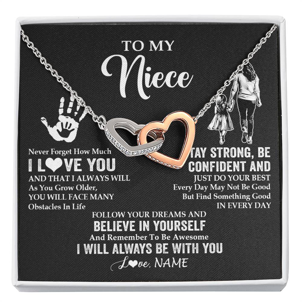 Interlocking Hearts Necklace Stainless Steel & Rose Gold Finish | 1 | Personalized To My Niece Necklace I Love You Forever From Aunt Auntie Niece Birthday Gifts Christmas Thanksgiving Graduation Customized Gift Box Message Card | siriusteestore