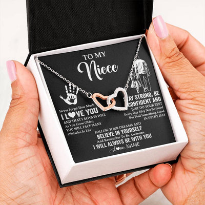Interlocking Hearts Necklace Stainless Steel & Rose Gold Finish | 2 | Personalized To My Niece Necklace I Love You Forever From Uncle Niece Birthday Gifts Christmas Thanksgiving Graduation Customized Gift Box Message Card | siriusteestore