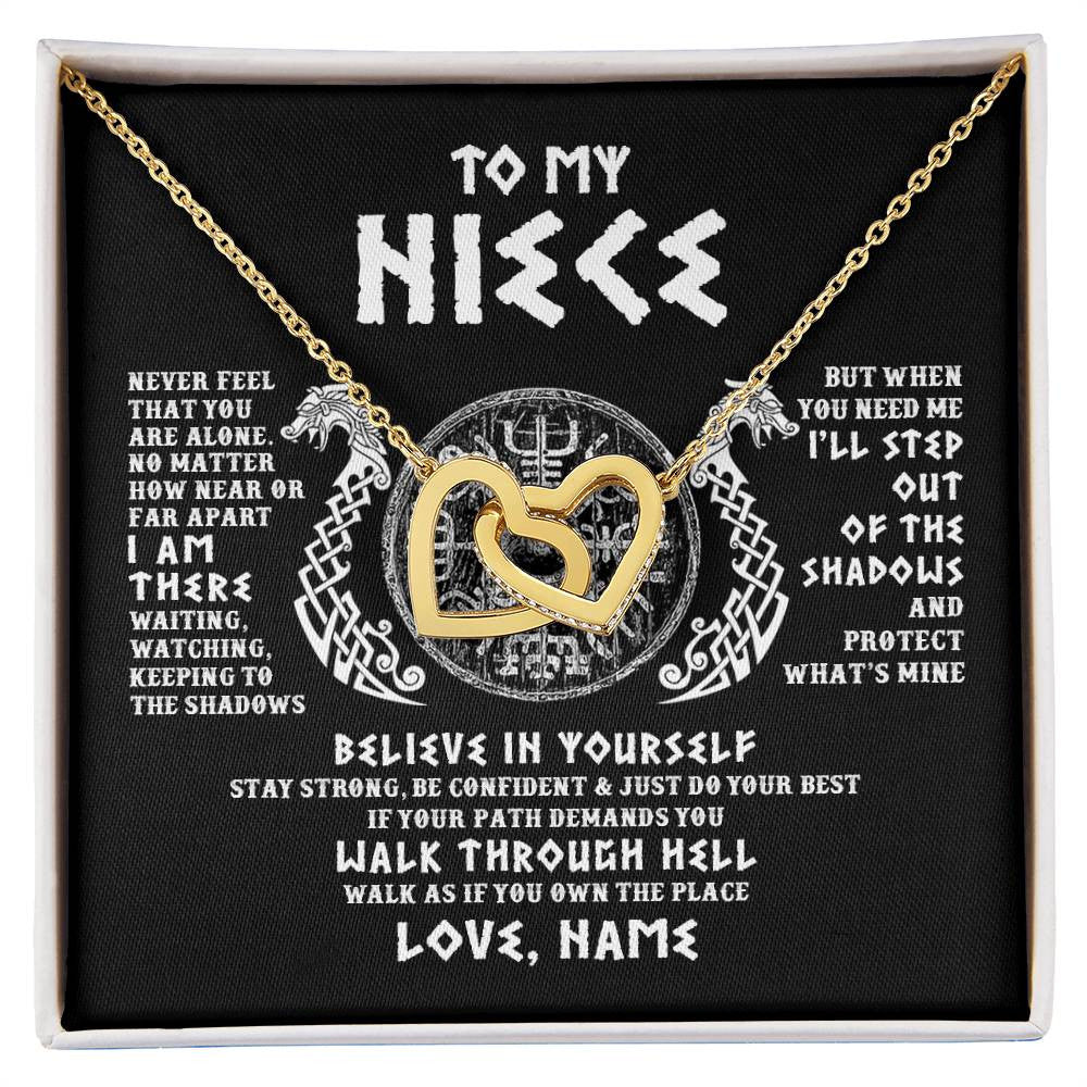 Interlocking Hearts Necklace 18K Yellow Gold Finish | 1 | Personalized To My Niece Necklace Viking Never Feel You Are Alone Odin Scandinavian Norse Runes Niece Birthday Christmas Pendant Customized Gift Message Card | siriusteestore