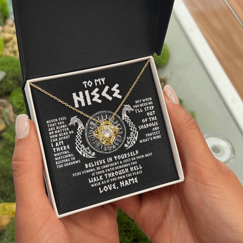 Love Knot Necklace 18K Yellow Gold Finish | 2 | Personalized To My Niece Necklace Viking Never Feel You Are Alone Odin Scandinavian Norse Runes Niece Birthday Christmas Pendant Customized Gift Message Card | siriusteestore