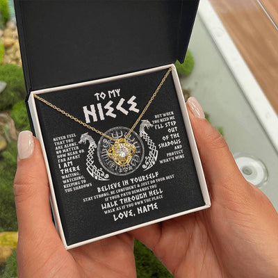 Love Knot Necklace 18K Yellow Gold Finish | 2 | Personalized To My Niece Necklace Viking Never Feel You Are Alone Odin Scandinavian Norse Runes Niece Birthday Christmas Pendant Customized Gift Message Card | siriusteestore