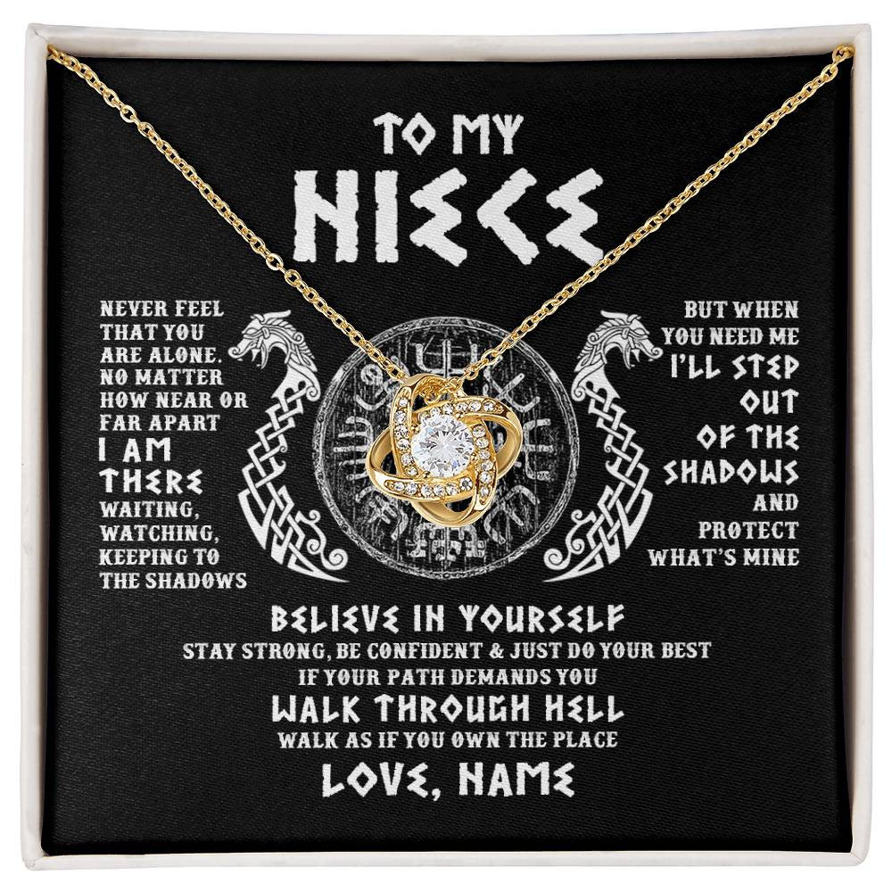 Love Knot Necklace 18K Yellow Gold Finish | 1 | Personalized To My Niece Necklace Viking Never Feel You Are Alone Odin Scandinavian Norse Runes Niece Birthday Christmas Pendant Customized Gift Message Card | siriusteestore