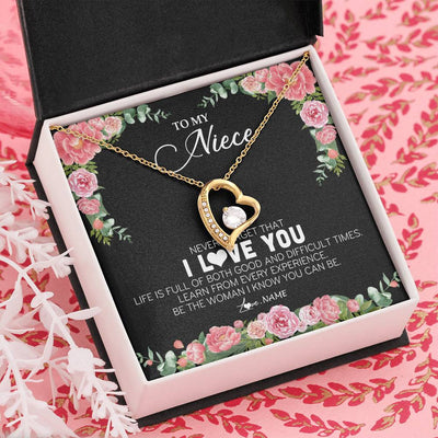 Forever Love Necklace 18K Yellow Gold Finish | Personalized To My Niece Necklace from Aunt Uncle Never Forget I Love You Floral Jewelry for Niece Birthday Graduation Christmas Customized Message Card | siriusteestore