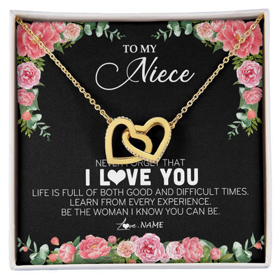 Interlocking Hearts Necklace 18K Yellow Gold Finish | Personalized To My Niece Necklace from Aunt Uncle Never Forget I Love You Floral Jewelry for Niece Birthday Graduation Christmas Customized Message Card | siriusteestore
