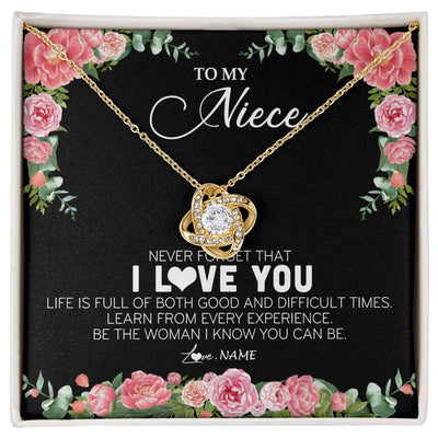 Love Knot Necklace 18K Yellow Gold Finish | Personalized To My Niece Necklace from Aunt Uncle Never Forget I Love You Floral Jewelry for Niece Birthday Graduation Christmas Customized Message Card | siriusteestore