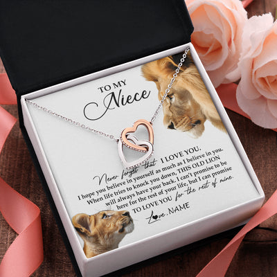 Interlocking Hearts Necklace Stainless Steel & Rose Gold Finish | 2 | Personalized To My Niece Necklace from Uncle Never Forget I Love You Lion Jewelry Niece Birthday Graduation Christmas Customized Message Card | siriusteestore