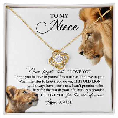 Love Knot Necklace 18K Yellow Gold Finish | 1 | Personalized To My Niece Necklace from Uncle Never Forget I Love You Lion Jewelry Niece Birthday Graduation Christmas Customized Message Card | siriusteestore
