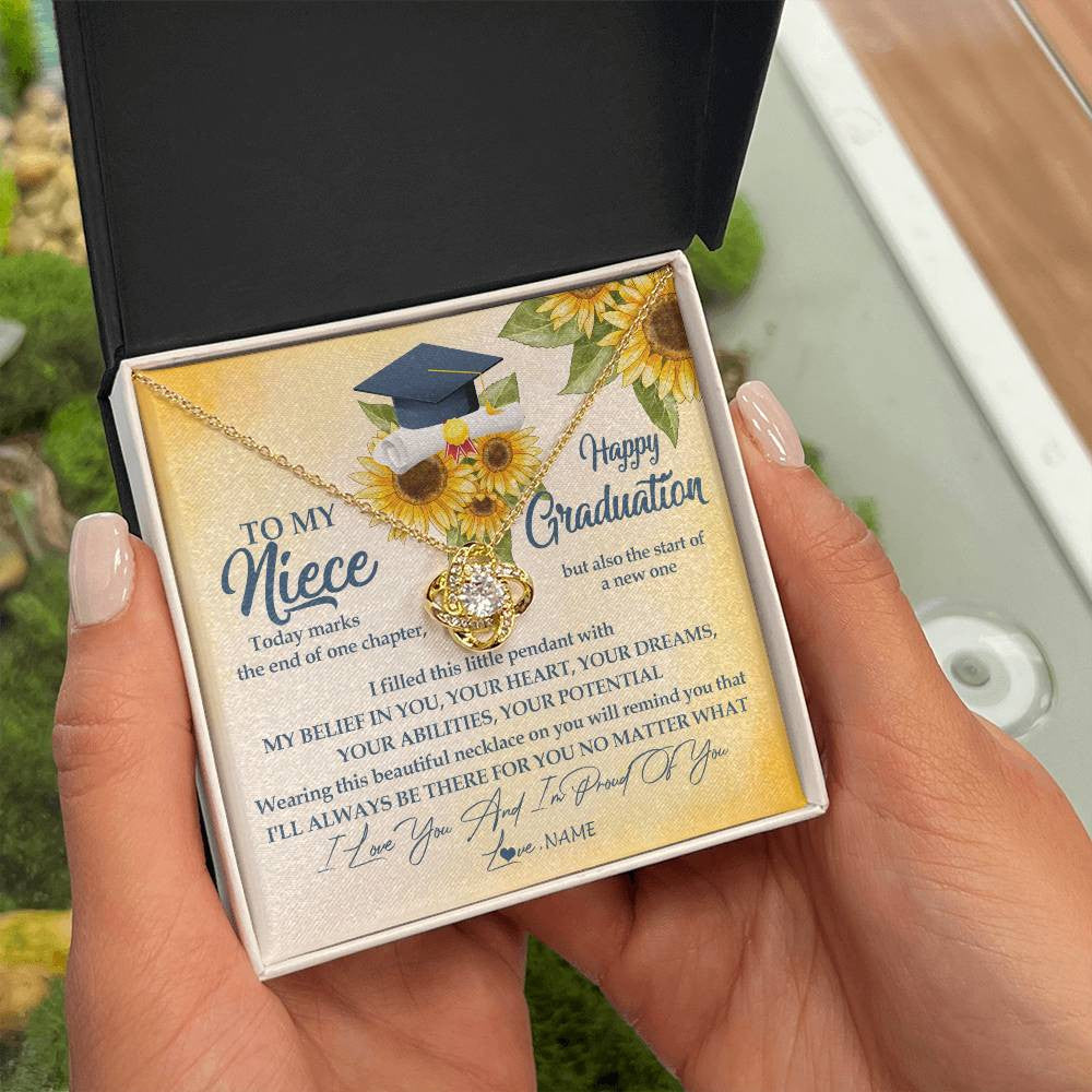 Love Knot Necklace 18K Yellow Gold Finish | Personalized To My Niece On Her Graduation Day Necklace Flower I Love You I'm Proud Of You Class of 2023 Niece Jewelry Customized Gift Box Message Card | siriusteestore