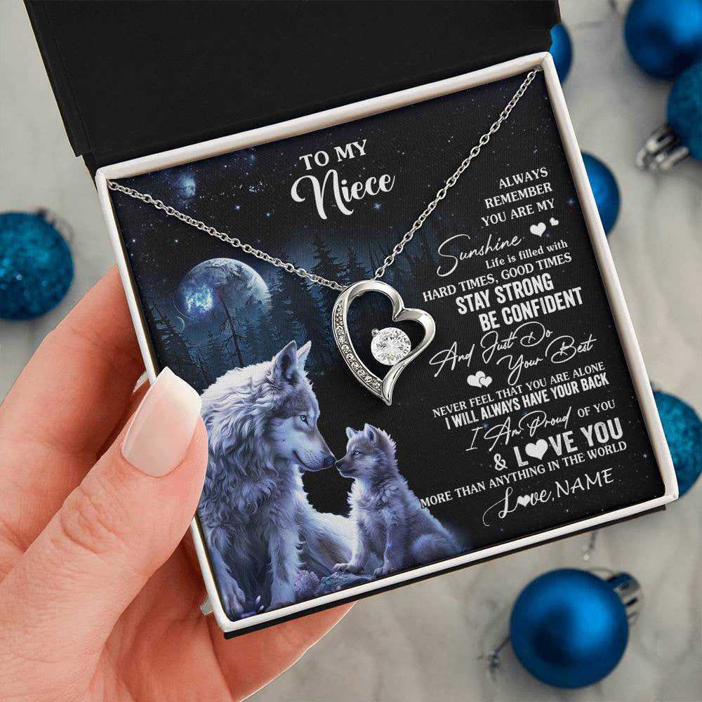 Forever Love Necklace 14K White Gold Finish | 2 | Personalized To My Niece Wolf Necklace From Aunt Uncle Auntie Always Remember Niece Birthday Graduation Christmas Customized Gift Box Message Card | siriusteestore